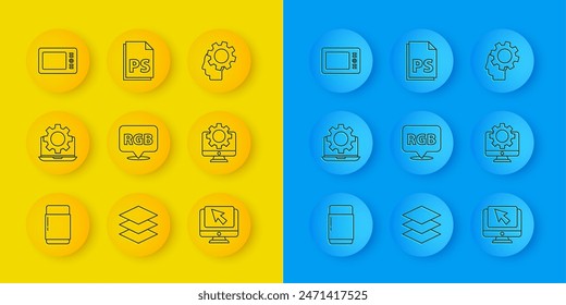 Set line Eraser or rubber, Laptop and gear, Speech bubble with RGB CMYK, Computer monitor cursor, Graphic tablet, Human head inside and PS File document icon. Vector