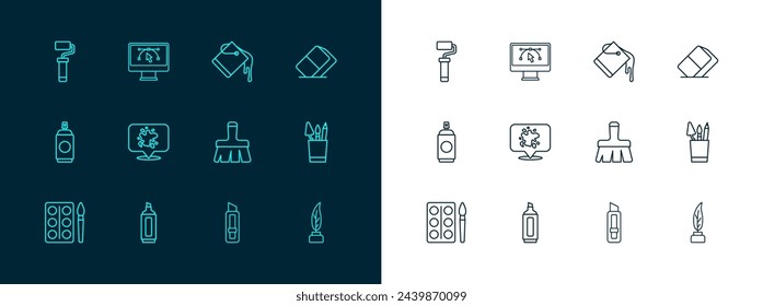 Set line Eraser or rubber, Marker pen, Paint brush, Stationery knife, spray, bucket, roller and Computer with design program icon. Vector