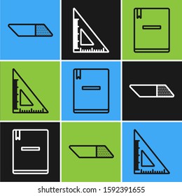 Set line Eraser or rubber, Notebook and Triangular ruler icon. Vector
