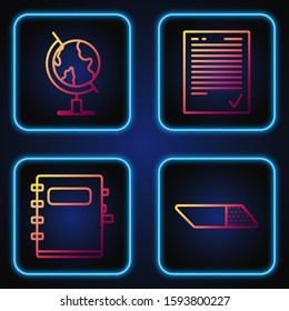 Set line Eraser or rubber, Notebook, Earth globe and Exam sheet with check mark. Gradient color icons. Vector