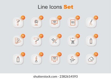 Set line Eraser or rubber, Paint spray gun, Computer with design program, Feather and inkwell, can, Marker pen, Wood easel and brush icon. Vector