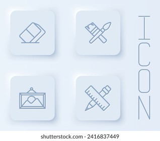 Set line Eraser or rubber, Paint brush, Picture landscape and Crossed ruler pencil. White square button. Vector