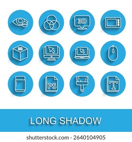 Set line Eraser or rubber, PS File document, Red eye effect, Paint brush, Text file, Computer monitor and cursor, mouse and Laptop icon. Vector