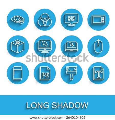 Set line Eraser or rubber, PS File document, Red eye effect, Paint brush, Text file, Computer monitor and cursor, mouse and Laptop icon. Vector