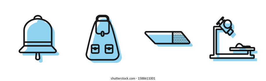 Set line Eraser or rubber, Ringing bell, School backpack and Microscope icon. Vector