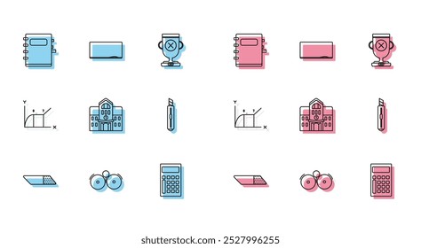 Set line Eraser or rubber, Ringing alarm bell, Notebook, Calculator, School building, Stationery knife, Pie chart infographic and Chalkboard icon. Vector