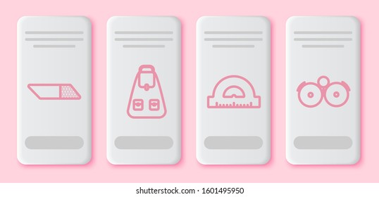 Set line Eraser or rubber, School backpack, Protractor grid for measuring degrees and Ringing alarm bell. White rectangle button. Vector