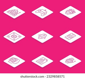 Set line Error in robot, Remote control, Robot burned out, Processor with microcircuits CPU, Turn off from phone, Humanoid and Technical specification icon. Vector