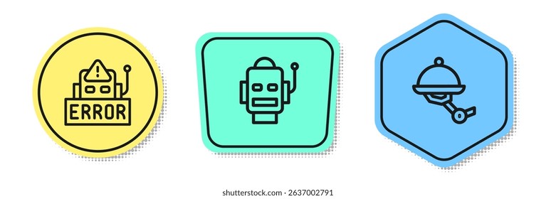 Set line Error in robot, Robot and Waiter. Colored shapes. Vector