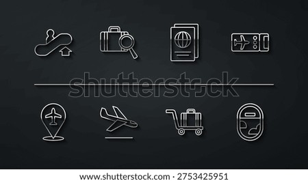 Set line Escalator up, Plane, Airline ticket, Trolley baggage, landing, Lost, Airplane window and Passport icon. Vector