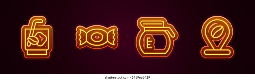 Set line Espresso tonic coffee, Candy, Coffee pot and Location with bean. Glowing neon icon. Vector