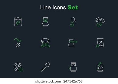 Set line Café exprés tónico, Hervidor con asa, Cucharadita, Medalla para, Frijoles, Turco de café, mesa e icono. Vector