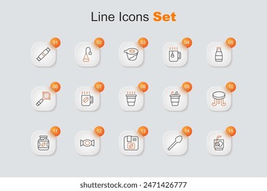 Set line Espresso tonic coffee, Teaspoon, Bag beans, Candy, Coffee jar bottle, table, cup go and  icon. Vector