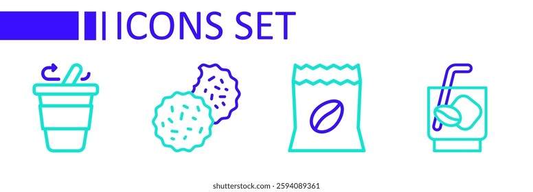 Set line Espresso tonic coffee, Bag beans, Cookie or biscuit and Coffee cup go icon. Vector