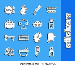 Set line Essential oil bottle, Sauna mittens, Pipette, Massage, Swimming pool with ladder, Spa salon and Lotus flower icon. Vector