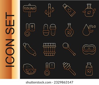 Línea Botella de aceite esencial, Barra de jabón, Temperatura de agua, Tubo cosmético de crema o loción, Zapatillas de sauna, termómetro e ícono. Vector