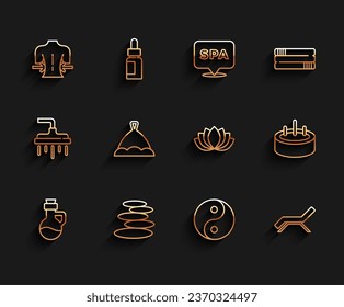 Set line Essential oil bottle, Stack hot stones, Massage, Yin Yang, Sunbed and umbrella, Sauna hat, Swimming pool with ladder and Lotus flower icon. Vector