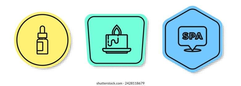 Set line Essential oil bottle, Aroma candle and Spa salon. Colored shapes. Vector