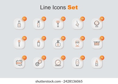Set line Essential oil bottle, Bottle of shampoo, Makeup powder with mirror, Bar soap, Smiling lips and Tube hand cream icon. Vector