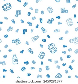 Set line Essential oil bottle, Bar of soap and Sauna thermometer on seamless pattern. Vector