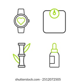 Set line Botella de aceite esencial, bambú, básculas de baño e icono de reloj inteligente. Vector