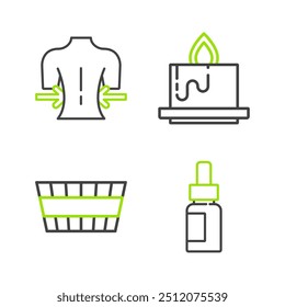 Set line Essential oil bottle, Sauna bucket, Aroma candle and Massage icon. Vector
