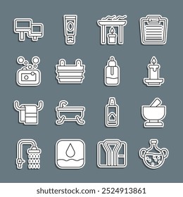 Set line Essential oil bottle, Mortar and pestle, Aroma candle, Sauna bucket, Bar of soap, wood bench and  icon. Vector