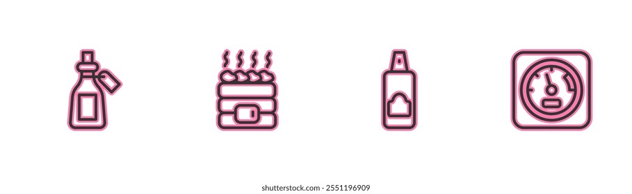 Set line Essential oil bottle, Spray can for hairspray, Hot sauna stones and Sauna thermometer icon. Vector