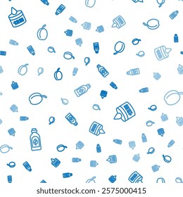 Set line Essential oil bottle, Organic cosmetic and Plum fruit on seamless pattern. Vector