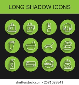 Set line Essential oil bottle, Towel stack, Aroma candle, Spa salon, Mortar pestle, Stack hot stones and Sunbed umbrella icon. Vector