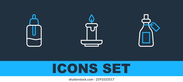 Set line Essential oil bottle,  and Aroma candle icon. Vector