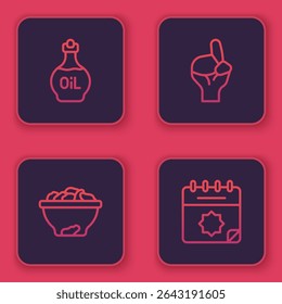 Set line Essential oil bottle, Date fruit in bowl, Hands praying position and Ramadan calendar. Blue square button. Vector