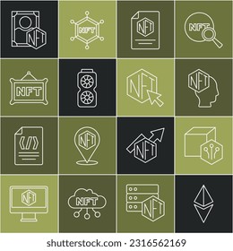 Set line Ethereum ETH, NFT Digital crypto art, contract, Video graphic card,  and  icon. Vector