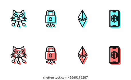Set line Ethereum ETH, NFT Digital crypto art, Cyber security and Mobile with store app icon. Vector