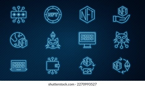 Set line Ethereum exchange NFT, Digital crypto art, Cyber security, Binary code and  icon. Vector