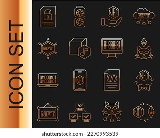 Set line Ethereum exchange NFT, Digital crypto art, blockchain technology, Document and and Binary code icon. Vector