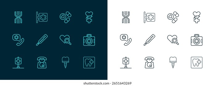 Set line Ethnoscience, Emergency call 911, Medical heart inspection, Dental implant, thermometer, Medicine pill or tablet, DNA symbol and - Star of Life icon. Vector
