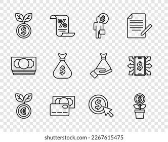 Set line Euro plant, Dollar, Business man planning mind, Credit card, Money bag, Coin money with dollar and Smartphone icon. Vector