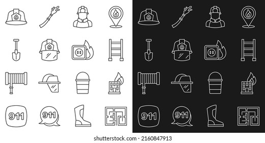 Set line Evacuation plan, Fire in burning building, escape, Firefighter, helmet, shovel,  and Electric wiring of socket fire icon. Vector