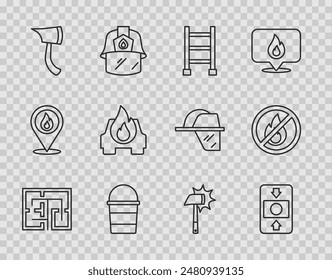 Set line Evacuation plan, Fire alarm system, escape, bucket, Firefighter axe, Burning car,  and No fire icon. Vector