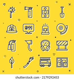 Set line Evacuation plan, Road barrier, Ringing alarm bell, Fire system, Emergency call 911, Firefighter helmet, axe and Flasher siren icon. Vector