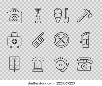 Set line Evacuation plan, Telephone call 911, Fire shovel and bucket, Ringing alarm bell, Interior fireplace, Walkie talkie,  and extinguisher icon. Vector