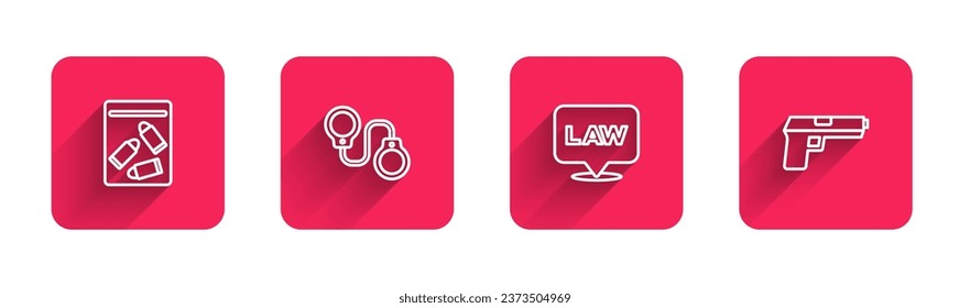 Fijar la línea Bolsa y bala de prueba, Esposas, Ley de ubicación y Pistol o pistola con sombra larga. Botón cuadrado rojo. Vector