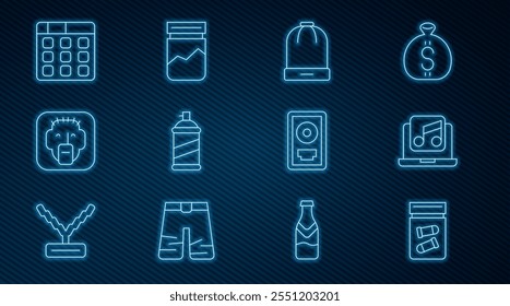 Set line Evidence bag with bullet, Laptop music, Winter hat, Paint spray can, Rapper, Drum machine, CD disk award frame and Plastic of drug icon. Vector