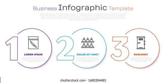 Fijar la hoja de prueba y el cuchillo, los jurados y la puerta de la celda de la prisión. Plantilla de infografía empresarial. Vector