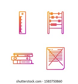 Set line Exam paper with incorrect answers survey, Office folders with papers and documents, Ruler and Abacus. Gradient color icons. Vector