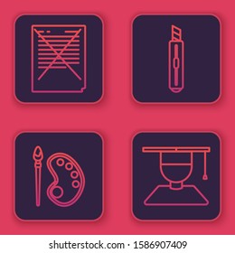 Set line Exam paper with incorrect answers survey, Paint brush with palette, Stationery knife and Graduate and graduation cap. Blue square button. Vector