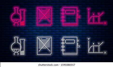Set line Exam paper with incorrect answers survey, Notebook, Test tube and flask chemical laboratory test and Pie chart infographic. Glowing neon icon on brick wall. Vector