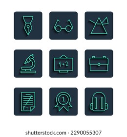Set line Exam paper with incorrect answers, Medal, School backpack, Light rays prism, Chalkboard, Microscope, Fountain pen nib and  icon. Vector