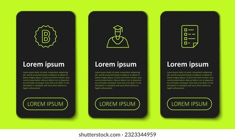 Fijar la línea Papel de examen con respuestas incorrectas, tapa de graduación y de graduación y lista de verificación del Portapapeles. Plantilla de infografía empresarial. Vector